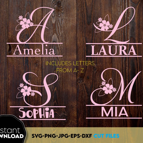 Floral Split Monogram SVG: Family Name Letters Digital Download PNG DXF, Files for Cricut, Silhouette