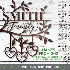 Family tree design with elegant Split monogram to insert first or last name. 5 file formats allow this Family Tree design to be cut from vinyl, engraved on glass or used as a laser cut file. Compatible with Cricut, Silhouette or other. Buy now Enjoy!