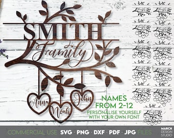 Family Tree SVG: Personalized Split Monogram, Custom Name Sign, Laser Cut Files, PNG DXF