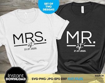 May include: Two white t-shirts with black text. One shirt says "MRS. est. 21.07.2020." and the other says "MR. est. 21.07.2020."