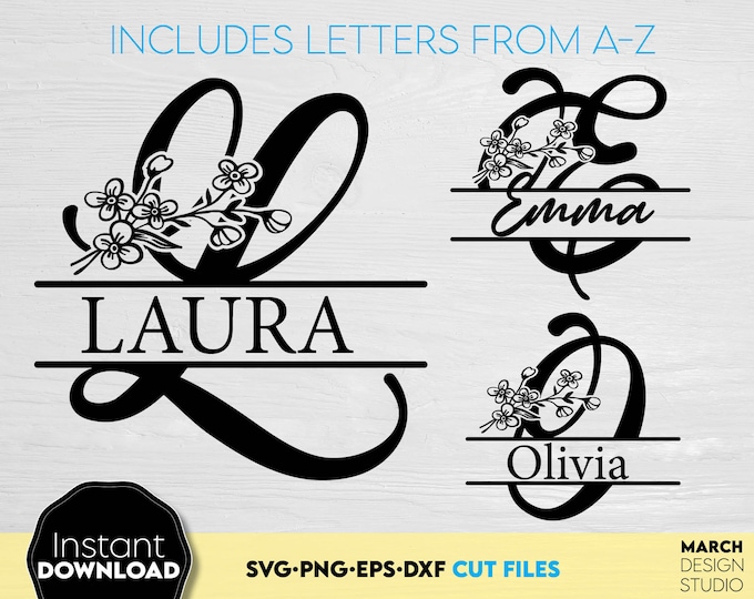 Floral Split Letter Monogram SVG Bundle A-Z – Name Frame Initial ...