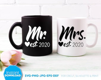 SVG-bestand voor 'Mr and Mrs', huwelijksjubileum, Cricut-bestand, digitale download.