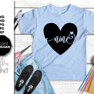 Neuf Png, 9 anniversaire Png Svg, 9e anniversaire SVG, anniversaire numéro coeur, fichiers Svg pour Cricut Silhouette, cadeau d'anniversaire pour enfants couper le fichier 9e anniversaire
