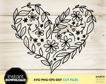 Arte vetorial de coração floral com contorno de folhas e flores, para download digital no Dia dos Namorados.