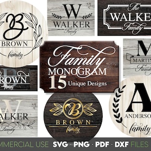 May include: Collection of wooden family name signs with various designs. Includes signs with the letters B, W, and A, along with family names like Brown, Walker, and Anderson. The signs are in black and white, and gold.