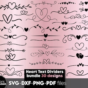 Semplici divisori di testo svg - bundle di linee decorative - ornamenti a forma di cuore Svg - Divisori di testo decorativi per matrimoni - Divisori per decorazioni per matrimoni