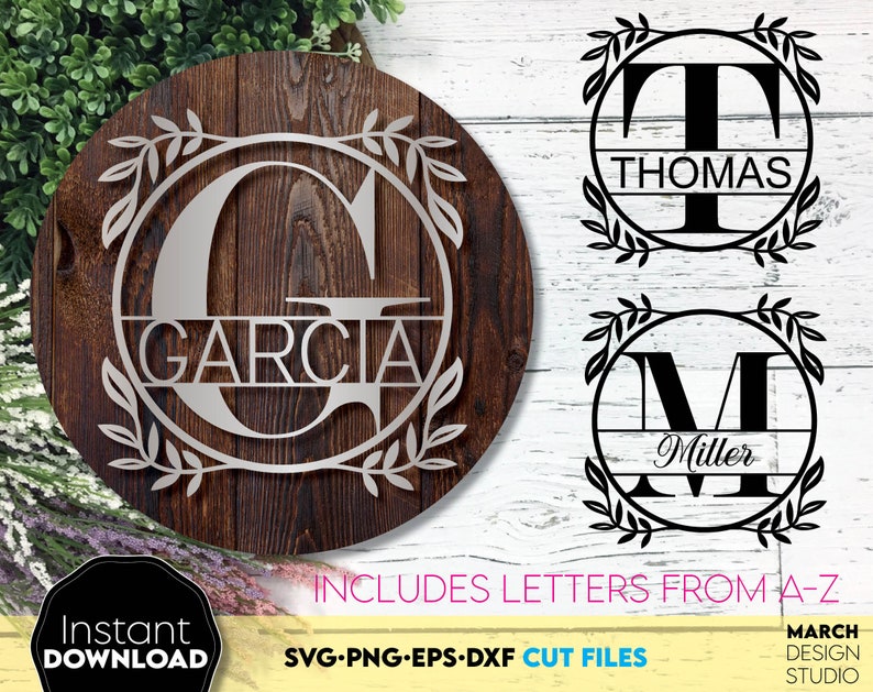 Circle monogram font letters bundle from   A - Z. All letters position is in the middle in the circle and laurel leaf is around of circle. Use for cutting form vinyl, sublimation, laser cut or grave, Print and DTF print projects as well. SVG, PNG, DXF, EPS files included. Compatible with Cricut, Silhouette, Glowforge and other equipment. Buy now with 50% discount and enjoy!