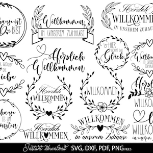 May include: A selection of black and white home decor designs featuring German phrases such as "Willkommen" and "Zuhause." The designs include wreaths, hearts, and floral elements, with text such as "Hier wohnt die Liebe" and "Zuhause ist es am Schönsten."