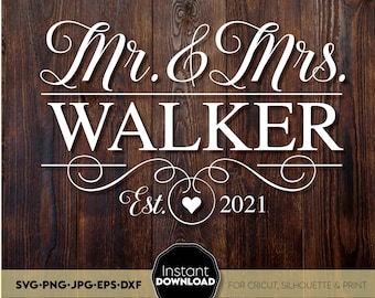 Dhr. en Mevr. SVG, gepersonaliseerd trouwmonogram, digitaal naambord voor de familie