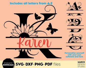 May include: A black and white digital design featuring the letter K with a sunflower and butterfly design. The name Karen is written below the letter. The design includes SVG, DXF, PNG, and PDF files.
