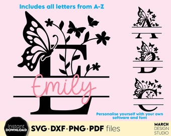 Motylowy rozdzielony monogram alfabetu, svg, png, pdf, dxf, pobieranie cyfrowe