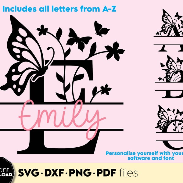 Svg png de l'alphabet monogramme fendu papillon | Svg png de l'alphabet monogramme séparé en deux parties