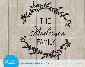 May include: Black and white silhouette of a wreath with leaves and the text "THE Anderson FAMILY" in a split banner design.