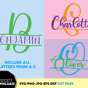Fuentes de monogramas divididos svg, monogramas para niños svg, monogramas de cumpleaños para niños svg, letras divididas divertidas svg, archivos svg de monogramas de nombre para Cricut
