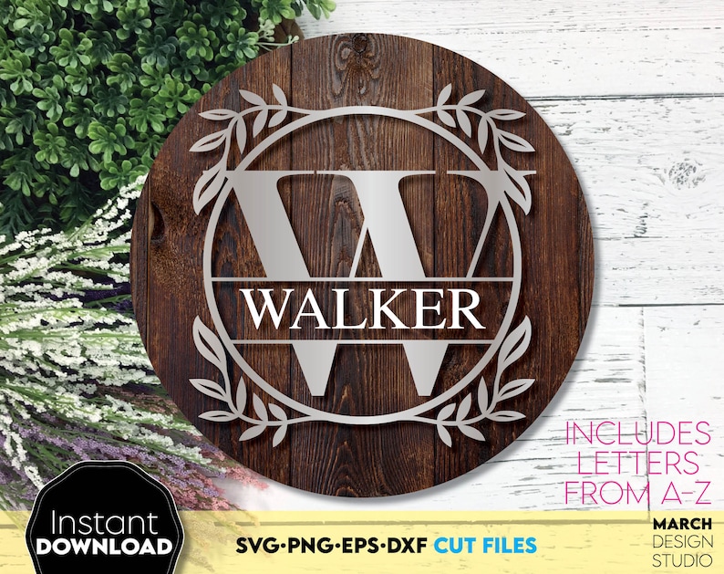 Circle monogram font letters bundle from   A - Z. All letters position is in the middle in the circle and laurel leaf is around of circle. Use for cutting form vinyl, sublimation, laser cut or grave, Print and DTF print projects as well. SVG, PNG, DXF, EPS files included. Compatible with Cricut, Silhouette, Glowforge and other equipment. Buy now with 50% discount and enjoy!