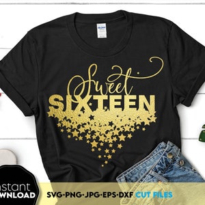 Golden glitzernd Sweet 16 Png SVG, Sweet Sixteen SVG, 16.Geburtstag SVG, Sweet 16 Png Geburtstag Shirt png, Geburtstagsparty Shirt svg Cut Files