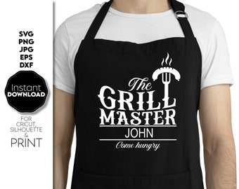 May include: Black apron with white text that reads "The Grill Master John Come hungry". The text is in a vintage style font. There is a graphic of a hot dog and a fork above the text.