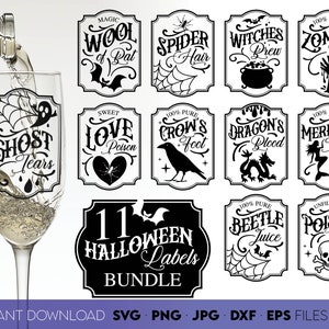 Könnte beinhalten: Eine Sammlung von schwarz-weißen Halloween-Etiketten mit gruseligen Texten und Grafiken, darunter "Ghost Tears" und "Spider Hair". Ein Sektglas wird mit einem Getränk gefüllt. Das Bundle enthält 11 Etiketten.