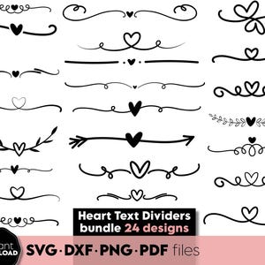 Divisores de texto simples svg - pacote de linhas decorativas - divisores de coração - Divisores decorativos Divisor de texto svg - Borda de decoração de texto de casamento