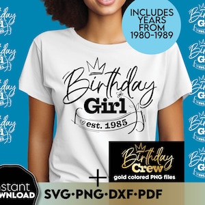 Ragazza del 40° compleanno Est. 1985 SVG PNG, Maglietta per ragazza del 40° compleanno SVG, Pacchetto ragazza del compleanno Est. 1980-1989, Clipart PNG color oro per il compleanno