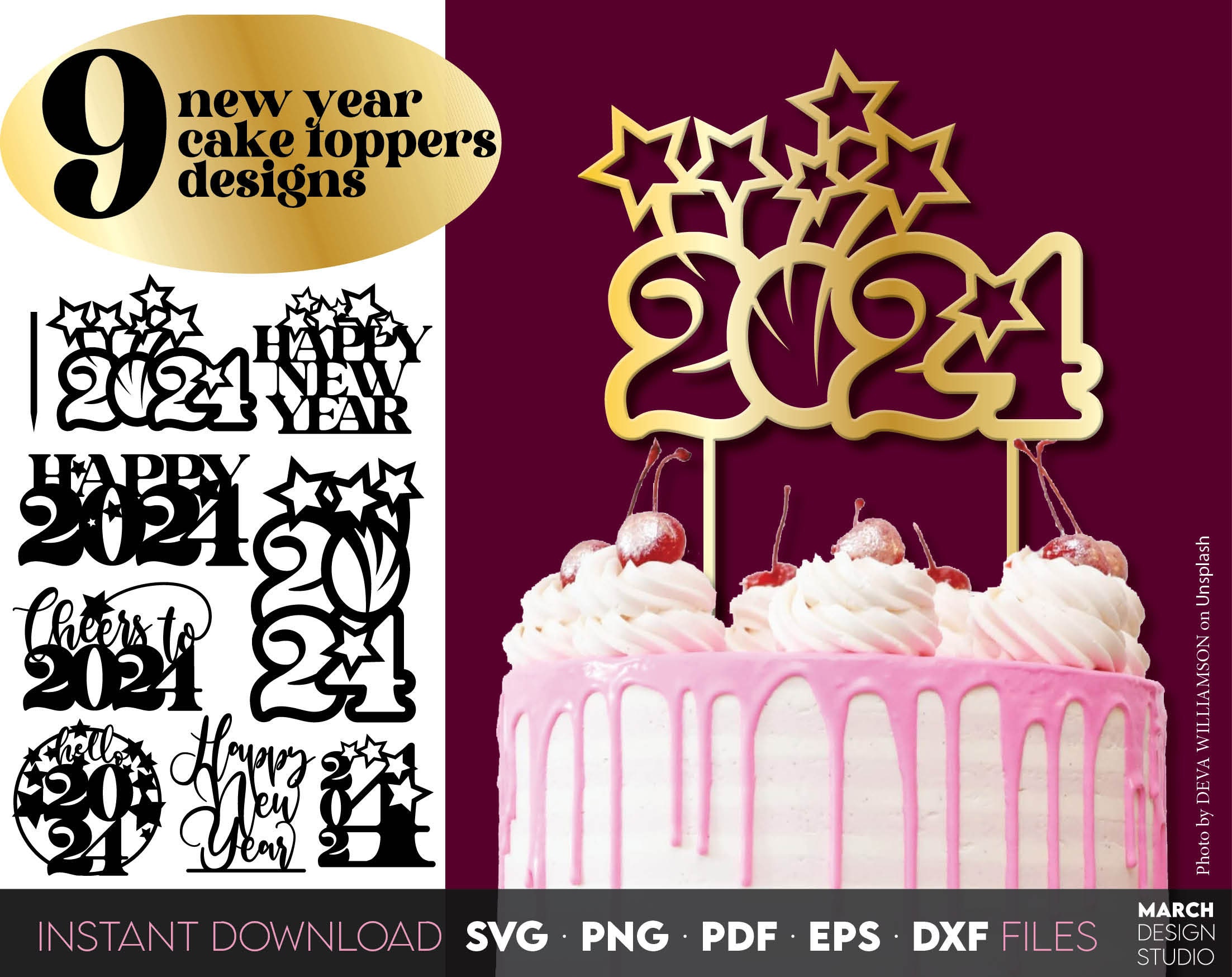 Happy New Year Cake Topper SVG Bundle Hello 2024 SVG New Years Cake Topper  Bundle 2024 Cake Topper Svg Laser Cut Files 