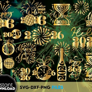 Pacote SVG de Ano Novo, Feliz Ano Novo SVG PNG Jpg, Designs SVG 2026, Clipart de Garrafa de Champanhe, Contagem Regressiva de Ano Novo SVG, Decoração de Festa de Fim de Ano SVG
