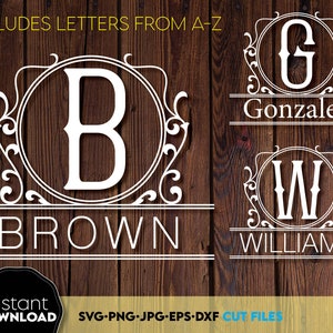 May include: White monogram designs featuring the letters B, G, and W, and the names Brown, Gonzalez, and Williams. The designs are in a decorative frame. The image includes the text "INCLUDES LETTERS FROM A-Z" and "Instant DOWNLOAD".
