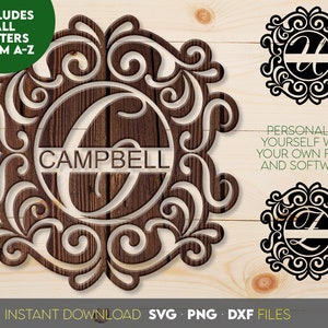 May include: A digital download of a monogram design featuring a decorative, ornate frame with a circle in the center. The circle contains the letter "C" and the name "Campbell" written in a banner below the letter. The design is shown on a woodgrain background. The design is also shown in black on a white background in two different orientations.