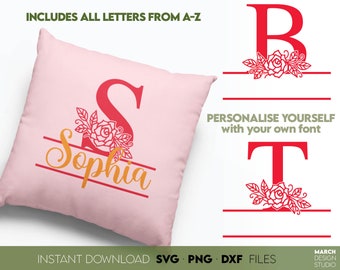 Floral Split Letter Monogram SVG: Family Name Sign (Digital Download)
