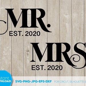 Mr and Mrs サイン svg png、Est 2025 svg png Mr Mrs svg、ウェディング サイン ギフト svg、Mr Mrs サイン svg、結婚したお揃いのシャツ svg Cricut 用ファイル