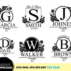 May include: Six black and white monogram designs with floral accents. Each design features a letter surrounded by a circle and a floral wreath. The letters are G, S, J, D, W, and B. The text below each design includes the last name, "family", and the year established. The text below the designs reads "Instant Download SVG-PNG-JPG-EPS-DXF CUT FILES MARCH DESIGN STUDIO".