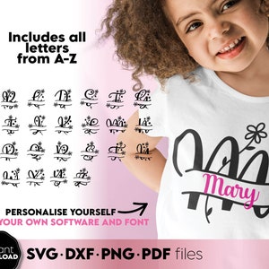 Letras divididas con flores de la A a la Z, letras divididas con flores SVG PNG, alfabeto floral SVG, alfabeto botánico SVG, letras florecientes SVG PNG