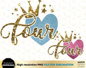 Design colorido de coroa de coração com glitter PNG para sublimação em camisetas e lembrancinhas de festa de aniversário de quatro anos.