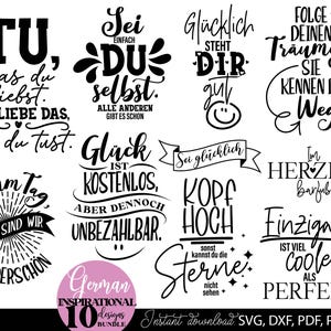Può includere: Un pacchetto di download digitale di dieci design ispiratori tedeschi in nero. I design presentano varie frasi e citazioni motivazionali in uno stile scritto a mano. Il pacchetto include file SVG, DXF, PDF e PNG.