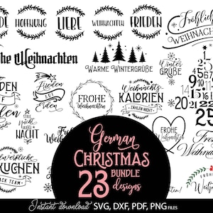 Puede incluir: Un conjunto de 23 diseños navideños alemanes en blanco y negro, con frases como «Frohe Weihnachten» y «Frieden». Descarga instantánea en formatos SVG, DXF, PDF y PNG.