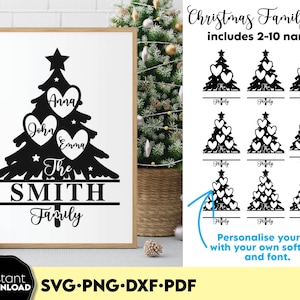 Weihnachts-Svg-Stammbaum, benutzerdefinierte Weihnachten-Stammbaum-Svg-PNG, Name Baumform, Familie Weihnachten Urlaub Ornament SVG-Bundle