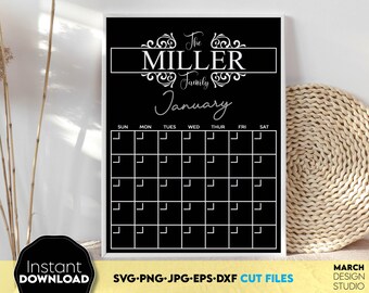 Calendário de quadro negro familiar SVG: planejador mensal personalizável (download digital)