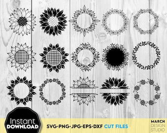 Conjunto de molduras circulares florais com guirlandas de girassóis em formato SVG para download digital.