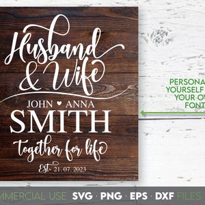 Mann und Frau SVG | Benutzerdefiniertes Familienschild SVG | Hochzeit Willkommensschild SVG | Hochzeit Monogramm SVG | Gerade verheiratet Muster | Nachname-Zeichen-Schnitt-Datei