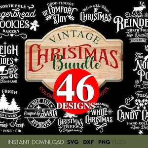 Vintage Weihnachtszeichen SVG-Bundle, Weihnachtsverzierungen PNG-Bundle, Bauernhaus-Weihnachts-Png-Svg, Weihnachtshemd Png, Winter-Svg, Merry Xmas