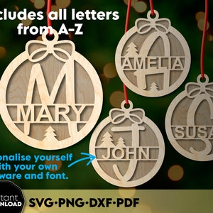 Kerstballen svg png, aangepaste naam ornament SVG lasergesneden, houten kerstnaam, kerstornament Svg, lasergesneden bestand voor Glowforge