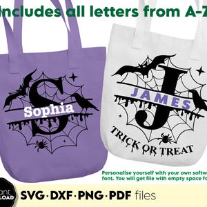 Halloween monogram alfabetletters splitsen voor je snoepzak met lekkernijen Svg Png Dxf Pdf - Halloween Tote Svg - Halloween Svg-bestanden voor de Cricut