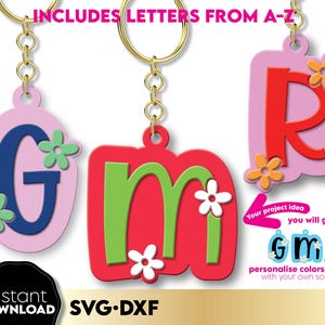 Könnte beinhalten: Drei bunte Schlüsselanhänger mit den Buchstaben G, M und R. Jeder Buchstabe ist von kleinen rosa Blumen umgeben. Die Schlüsselanhänger sind rosa, rot und grün. Der Text "INCLUDES LETTERS FROM A-Z" befindet sich oben im Bild. Der Text "Your project idea you will get GMR personalise colours yourself with your own software" befindet sich unten im Bild.