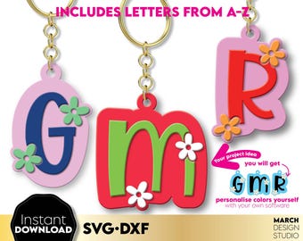 Fichier SVG numérique Daisy initiale porte-clé, porte-clé pour sacs à dos, porte-clés floral