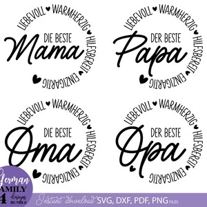May include: A digital design bundle featuring four black text designs for family members. The designs include "Mama", "Papa", "Oma", and "Opa", each within a circular frame with German words. A purple circle with "German Family" text is in the lower left.
