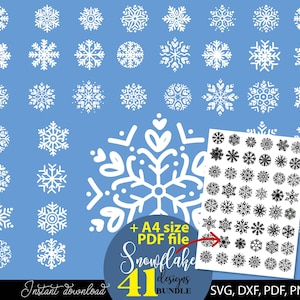 以下が含まれることがあります： 水色の背景に、41種類の白い雪の結晶のデザインが並んでいます。さまざまな形とスタイルの雪の結晶が含まれており、黒い雪の結晶のシートも含まれています。テキストには「+ A4サイズPDFファイル」、「Snowflake designs」、「Instant download」が含まれています。