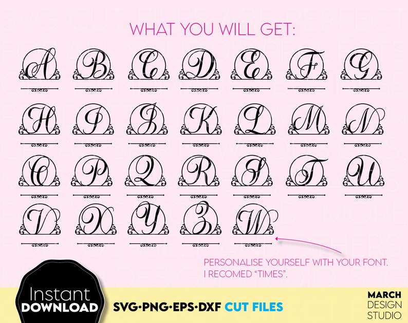Monogram SVG bundle designs for Your gift projects or home decoration. 
Files allow you to use designs for engraving on glass, making shirts, tumblers with Cricut, Silhouette equipment. Monogram files also designed and easy to use for laser cutting.