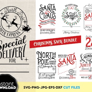 Pacote de Saco de Papai Noel Svg Png, Pacote de Saco de Natal Svg Png, Sacola de Presente Personalizada Png, Arquivos Svg do Pólo Norte, Presentes de Natal por Sublimação