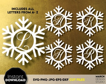 Christmas dxf eps, laser cut snowflakes ornament svg, monogram ornament svg, snowflake monogram letter svg, christmas, laser cut files dxf