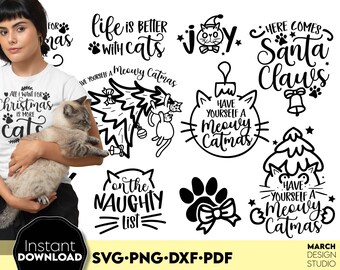 Christmas Cat SVG PNG Bundle, Featuring Festive Holiday Quotes Decor and Gifts, Digital Download